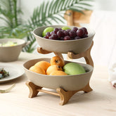 Two Tiers Frosted Ceramic Serving Bowl Decorative Pottery Dinner Plate Bamboo Dinnerware Centerpiece for Fruit, Salad and Snack